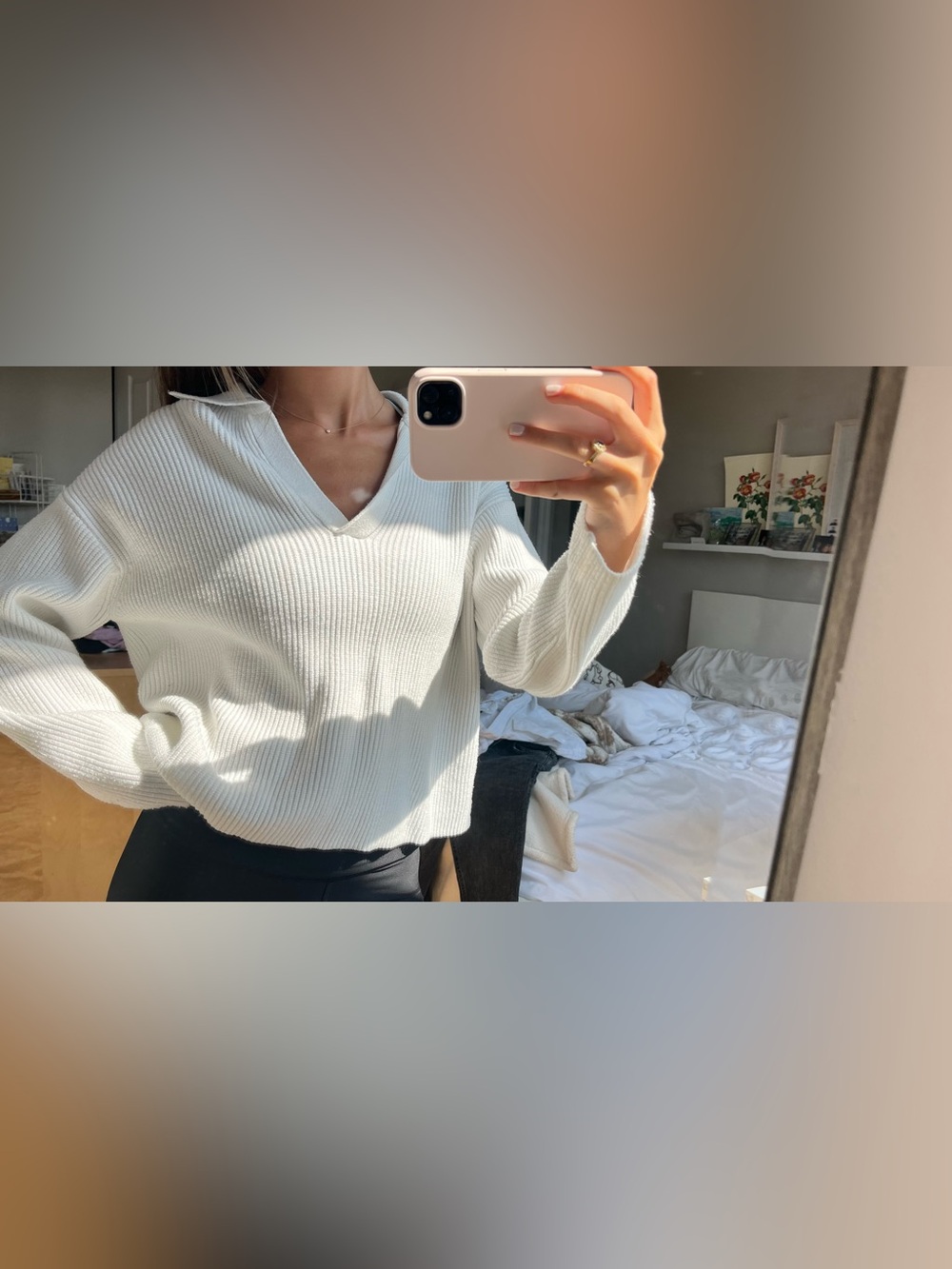 Mango Ribbed V-Neck Collared Sweater - White - Picture 3 of 4